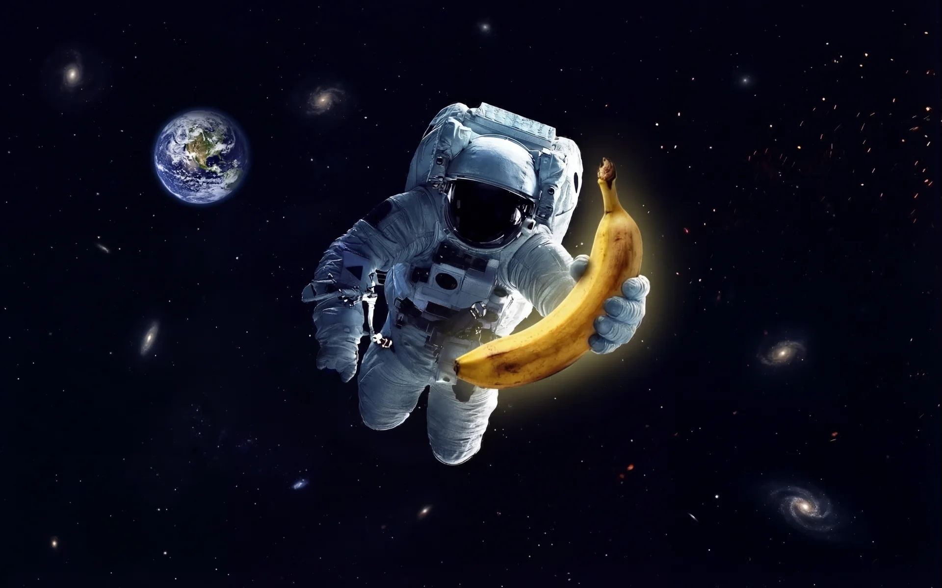 Astronaut floating in space holding a banana